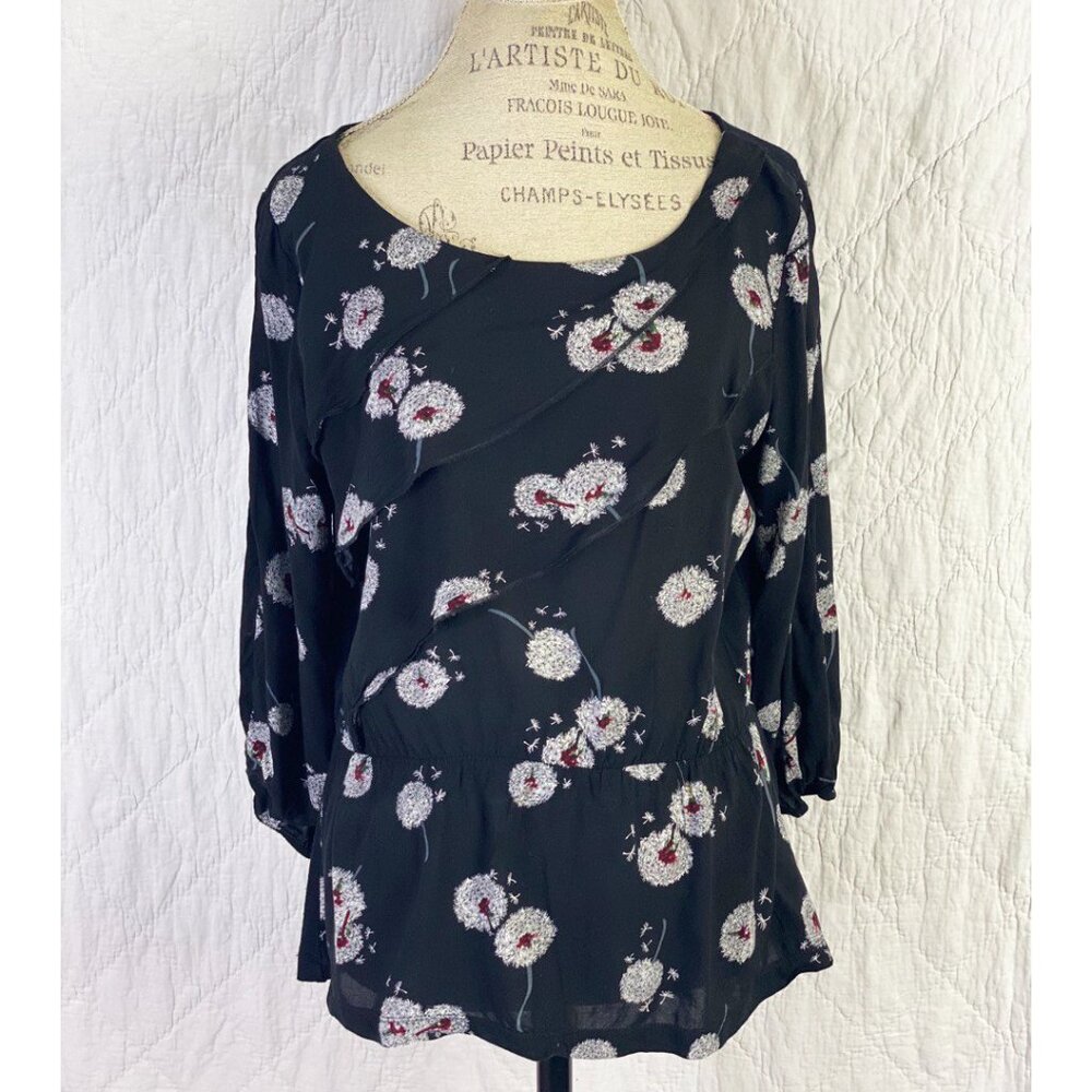 Anthropologie Wished Bloom Dandelion Deletta Black Floral Blouse
